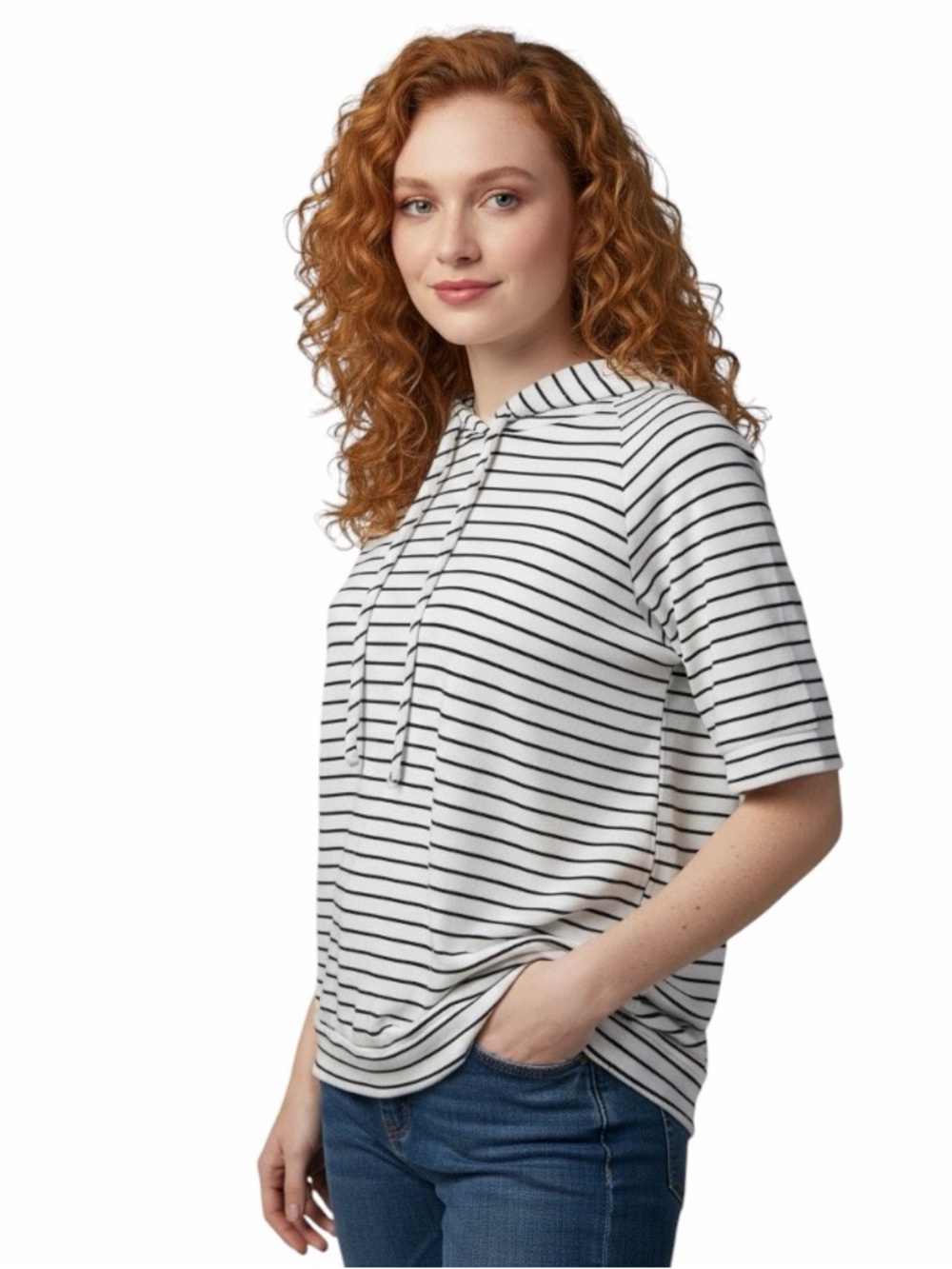 Pink Clover Small White Black Stripe Elbow Length Hooded Shirt Casual Athleisure